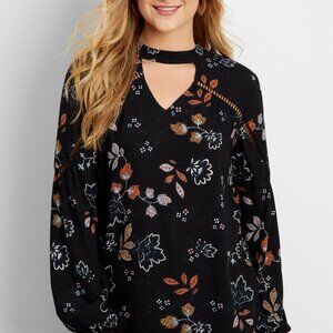 NWOT Maurices Blouse Women's L Black Choker V Neck Floral Boho Relaxed Flowy